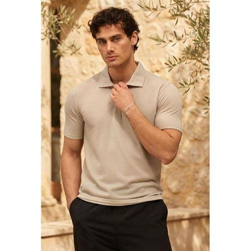 Evenor Kabartma Desenli Polo Yaka Düğmeli Relaxed Fit Yumuşak İnce Erkek T-Shirt - Taş