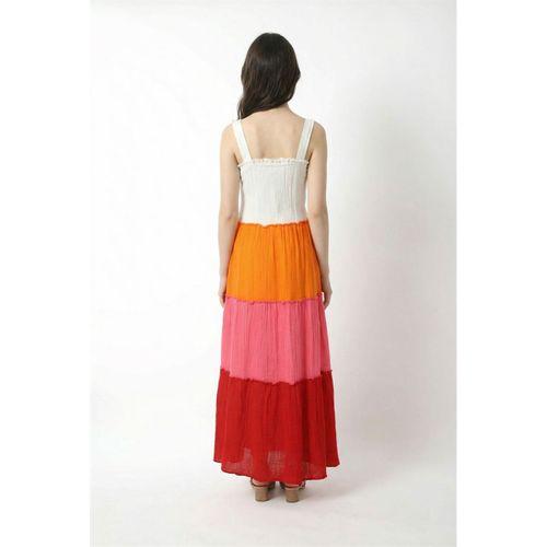 Askılı Kare Yaka Maria Renk Bloklu Yazlık Müslin Uzun Elbise Kırmızı Krmz