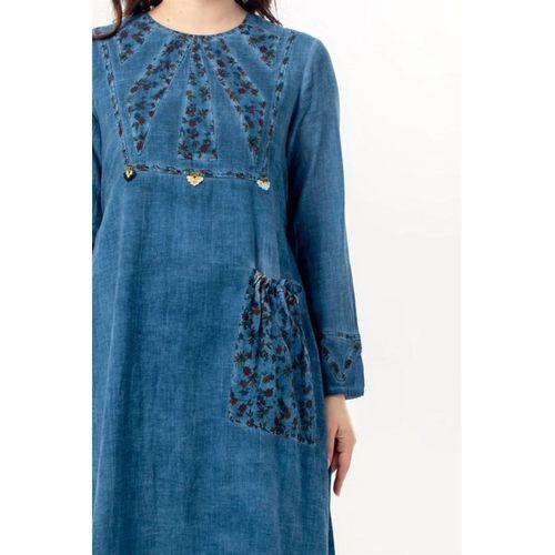 Uzun Kol Sultan Tek Cepli Yazlık Uzun Poplin Elbise İndigo indg