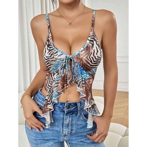 Kadın Siyah Leopar Desenli Crop Bluz Askılı Önden Bağlamalı Fırfır Detaylı Şık Kadın Üst Giyim Özel Tasarım