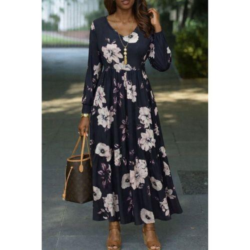 Kadın Uzun Kollu V Yakalı çiçek Desenli Maxi Süprem Elbise