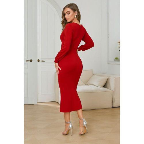 Kadın Uzun Kollu V Yakalı Yırtmaçlı Taşlı Uzun Ithal Krep Elbise