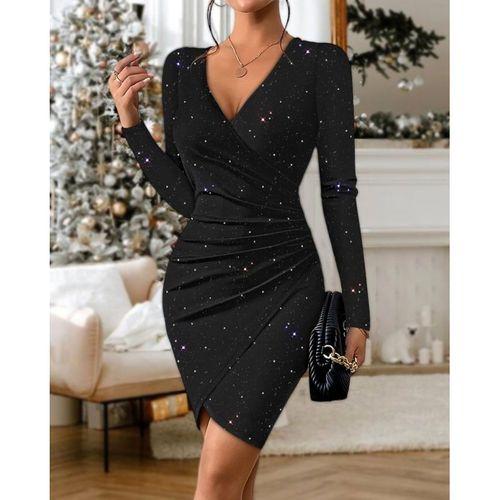 Kadın Uzun Kollu Kruvaze Yakalı ışıltılı Mini Ithal Krep Elbise