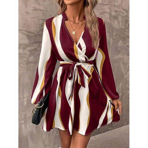 Kadın Uzun Kollu Kruvaze Yakalı Desenli Modal Mini Elbise