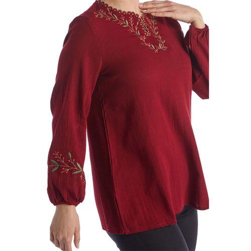 Şile Bezi Uzun Kol Bordo Nakış Detaylı V Yaka Yazlık Otantik Bluz