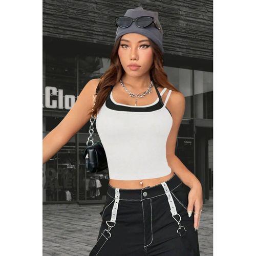 Kadın Beyaz Siyah Çift Renk Çapraz Askılı Crop Top Bluz Şık Esnek