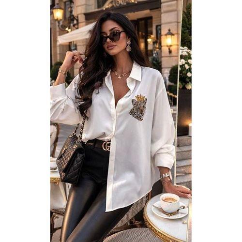 Kadın Leopar Baskılı Taş Işlemeli Jessica Kumaş Gömlek