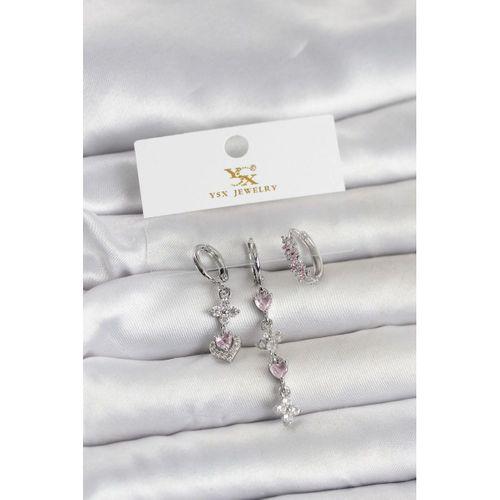 Pirinç Gümüş Renk Pembe Zirkon Taşlı 3'lü Kadın Küpe