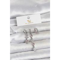 Pirinç Gümüş Renk Pembe Zirkon Taşlı 3'lü Kadın Küpe