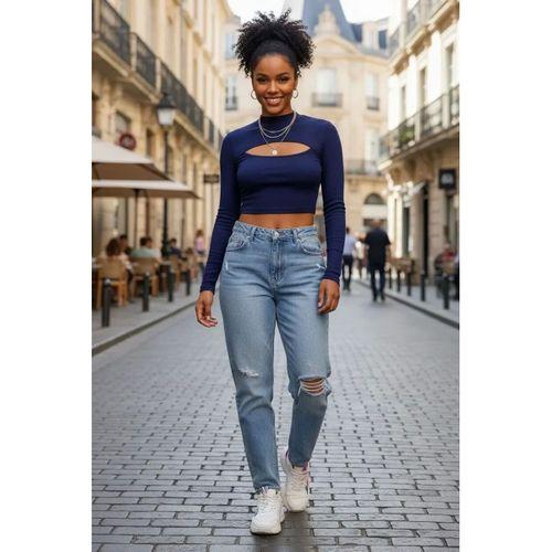 Kadın Lacivert Modern Fit Göğüs Dekolteli Uzun Kollu Cut Out Crop Top Bluz