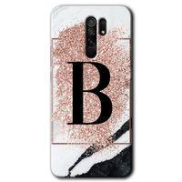 Xiaomi Redmi 9 Kılıf Baskılı Arka Kapak - Pembe Mermer Desenli B Harfi +Tam Ekran Koruyucu