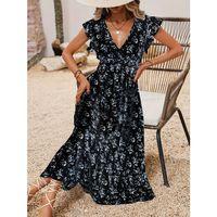 Kadın Kısa Kollu Kruvaze Yakalı Beli Lastikli çiçek Desenli Elbise