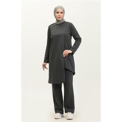 Kruvaze Bisiklet Yaka Sade Basic Tunik Panolon İkili Takım - 03076.017 - Antrasit