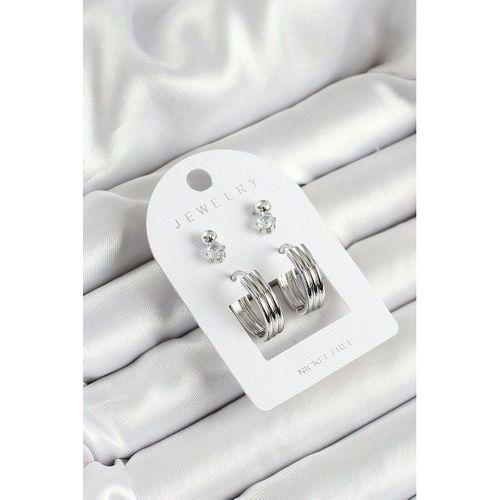 Pirinç Zirkon Taş Ve Halka Figürlü Gümüş Renk 3'lü Çift Kadın Küpe Set