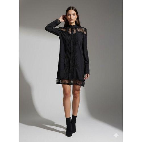 Kadın Uzun Kollu Yarım Balıkçı Yaka Transparan Detaylı Mini Elbise