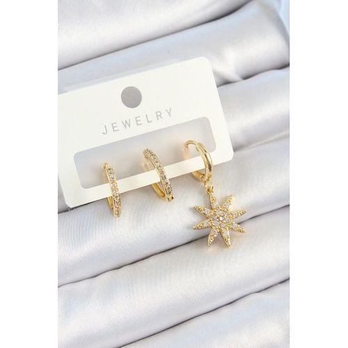 Pirinç Zirkon Taşlı Kutup Yıldızı Model Gold Renk 3'lü Çift Kadın Küpe Set