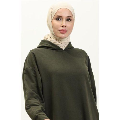 Atlas Kapşonlu Uzun Sade Basic Sweatshirt - 03007.005 - Haki