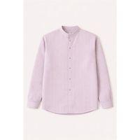 Çizgili Müslin Kumaş Yarım Pat Erkek Gömlek - Bej