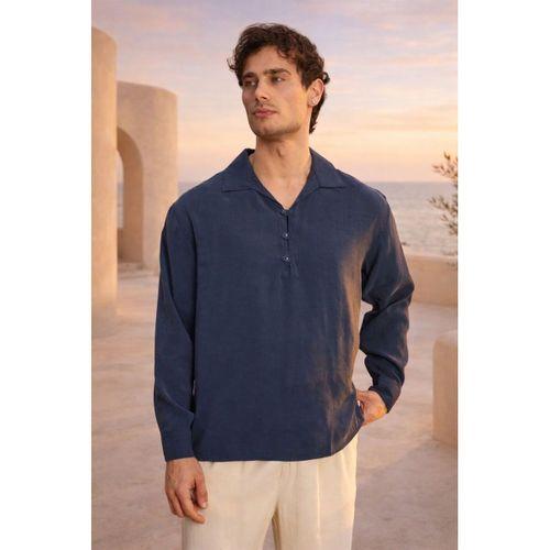 Baldwin Apaş Yaka Britli 3 Düğmeli İnce Modal Kumaş Oversize Uzun Kollu Yazlık Erkek Gömlek - Lacivert