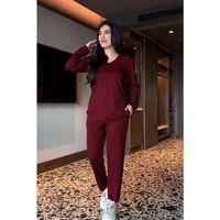 Kadın V Yaka Bluz Ve Pantolon Ikili Takım