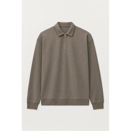 Scuba Modal Kumaş Relaxed Fit Yarım Fermuarlı Polo Yaka Erkek Sweatshirt - Füme