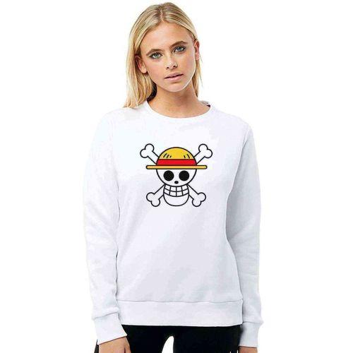 Anime One Piece Logo Baskılı Beyaz Kadın Sweatshirt