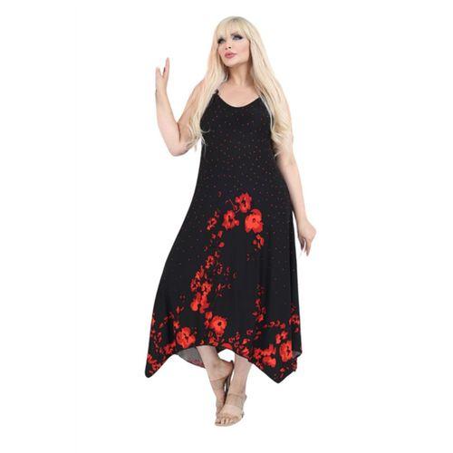 Melsay Butik Siyah Askılı V Yaka Kırmızı Puanlı Gelincik Desen Elbise