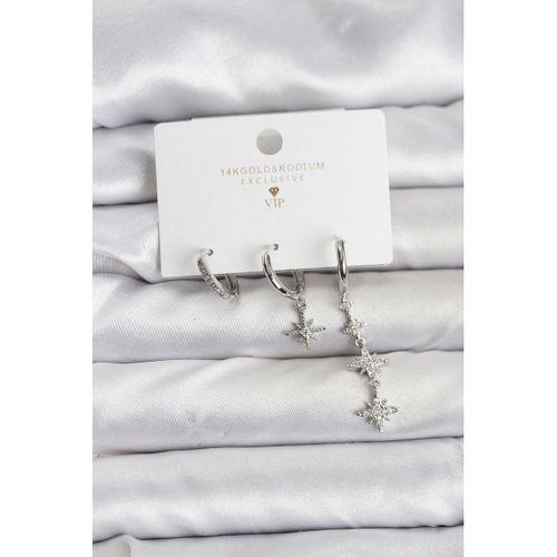 Kutup Yıldızı Model Gümüş Renk Pirinç 3'lü Kadın Küpe Seti