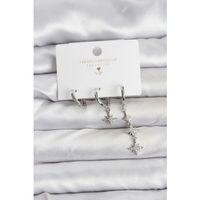 Kutup Yıldızı Model Gümüş Renk Pirinç 3'lü Kadın Küpe Seti