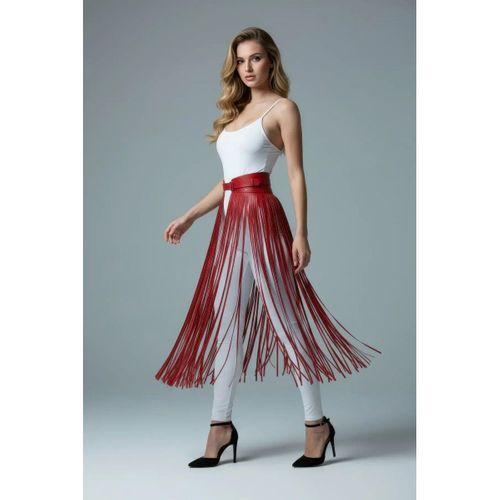 Kırmızı Etek Uzun Püskül Detaylı Etek Suni Deri Etek - Brf1003