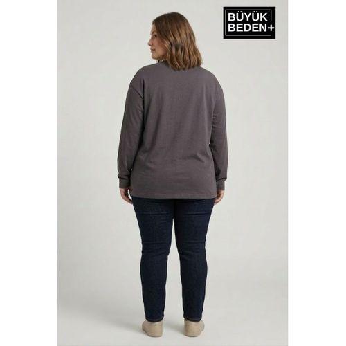 Kadın Büyük Beden Uzun Kollu 2 İplik Bisiklet Yaka Tişört