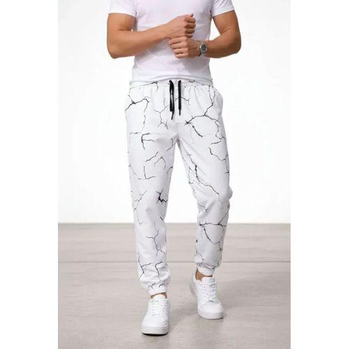 Erkek Dijital Baskılı Eşofman Altı Kışlık Üç İplik Şardonlu Kumaş Lastikli Paça, Cepli, Rahat Kalıp - Beyaz