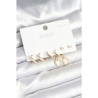 Pirinç Gold Renk Kalp Detaylı 925 Ayar Gümüş Çivili Kadın Küpe Seti