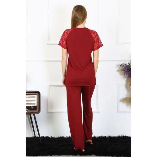 Kadın Kolu Dantelli Penye Pijama Takım Bordo