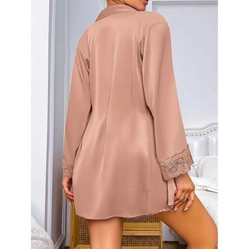 Özel Tasarım Dantel İşlemeli Şık Göğüs Dekolteli Sabahlıklı 2'li Saten Gecelik Takımı