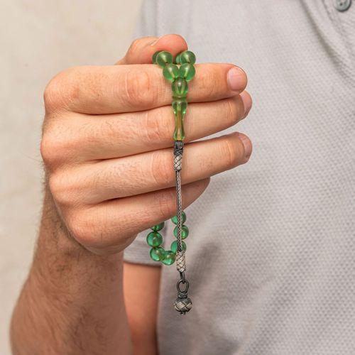 Gümüş Top Kazaz Püsküllü Yeşil Sıkma Kehribar Tesbih