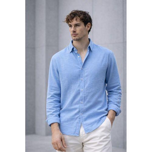 Pera Kumaş Keten Görünümlü Yarım Oversize Uzun kollu Erkek Gömlek - Açık Mavi