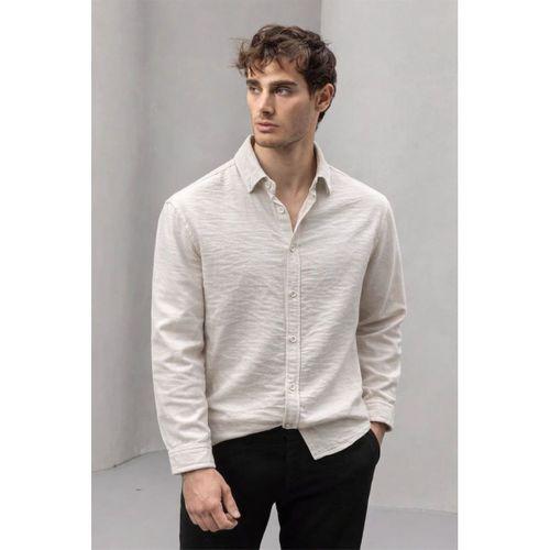 Pera Kumaş Keten Görünümlü Yarım Oversize Uzun kollu Erkek Gömlek - Taş