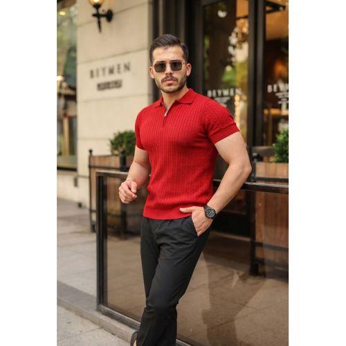 Erkek Örgü Desen Fermuar Yakalı Triko Tişört