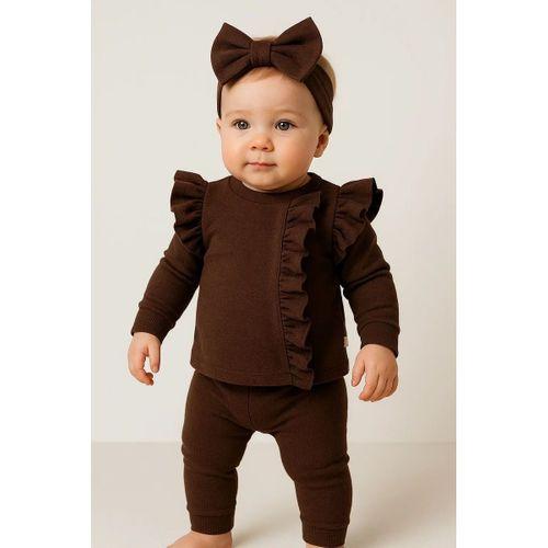 Orkide Büzgü Detaylı 3 Parça Kız Bebek Takımı %100 Pamuk