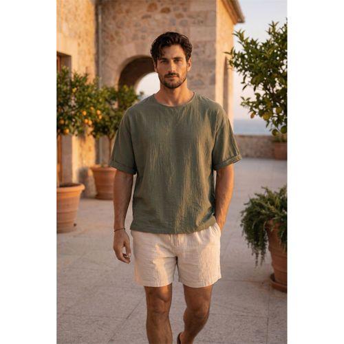 Godard Relax Fit %100 Pamuk Müslin Kumaş Duble Kol Bisiklet Yaka Erkek T-Shirt - Avcı Yeşili