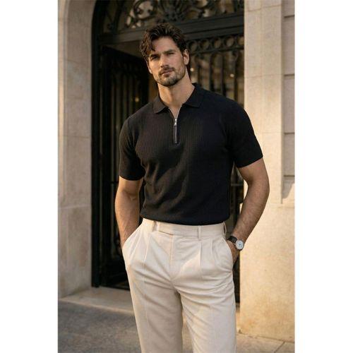 Jeff Selanik Örgü Polo Yaka Yarım Fermuarlı İnce Triko Erkek T-Shirt - Siyah