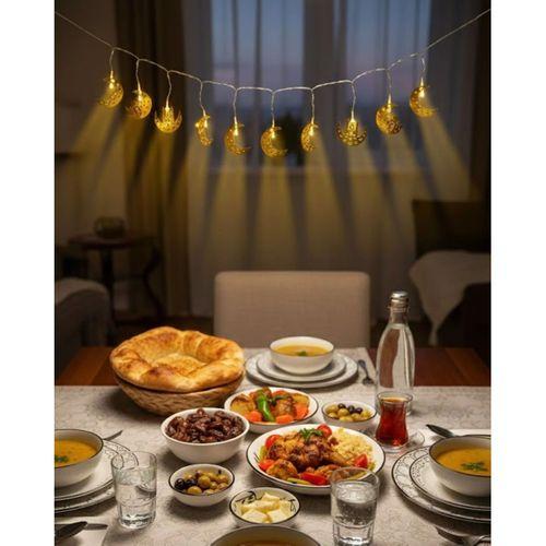 Pilli Minareli Hilal Led Işık Gold Metal Ramazan Dekorasyonu