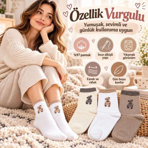 Kadın Soket Çorap Seti - Ayıcık Desenli, 3'lü Paket