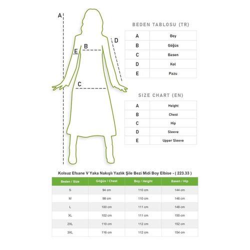 Kolsuz Efsane V Yaka Nakışlı Yazlık Şile Bezi Midi Boy Elbise Lacivert Lcvt