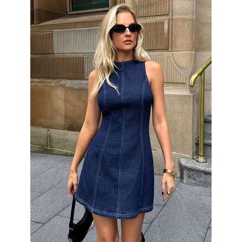 Kadın Omuzlardan Açık Bisiklet Yaka Kısa Kot Elbise