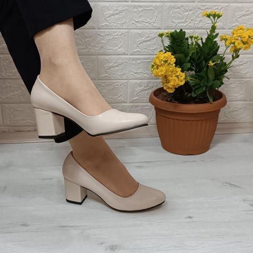 Fiyra 7028 Bej Renk 5cm Kare Topuklu Bayan Stiletto Ayakkabı