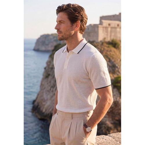Balzac Yakası Şeritli Düğmeli Polo Yaka Basic Günlük Petek Örgü Triko Erkek T-Shirt - Ekru
