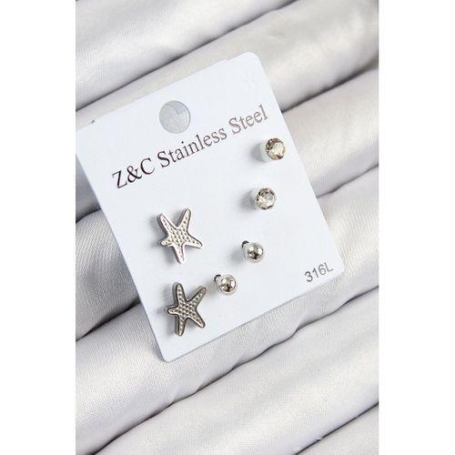 316L Çelik Zirkon Taşlı Deniz Yıldızı Model Gümüş Renk Kadın Set Küpe