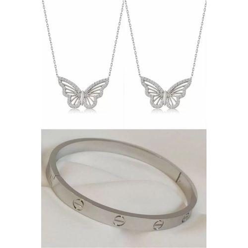 2'Lİ Set - Zirkon Taşlı Kelebek Bayan Çelik Kolye, Kartier Alaşım Bileklik Gümüş Renk SNJ-SET1007